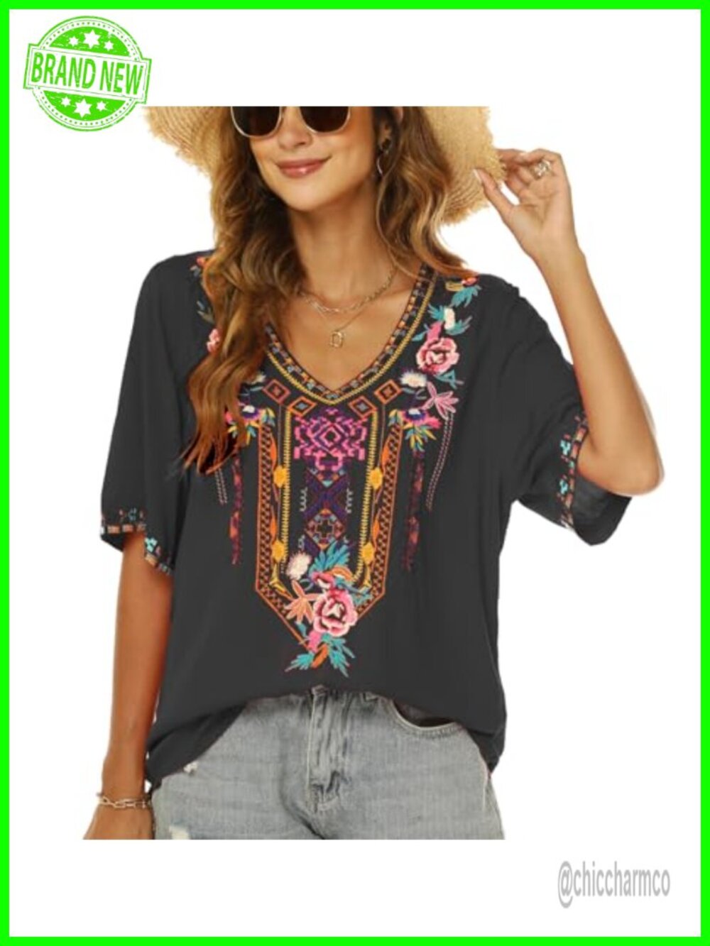 Women's Mexican Embroidered Peasant Tunic Top Boho V-Neck Short Sleeve